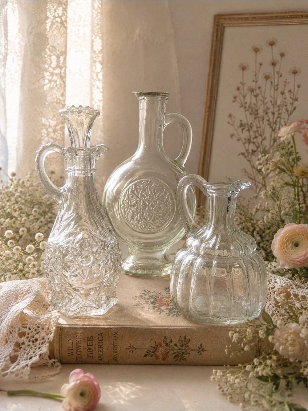 Set of Three Clear Decorative Glass Decanters Potion Bottles Cottage Core